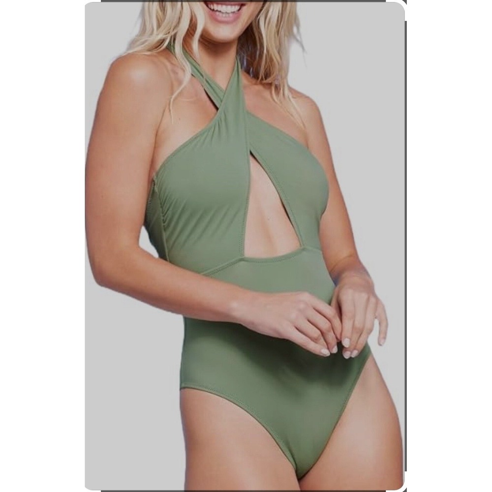 Shade And Shore Swimsuit Size Medium 8-10 Green Cross‎ Front Halter Cheeky